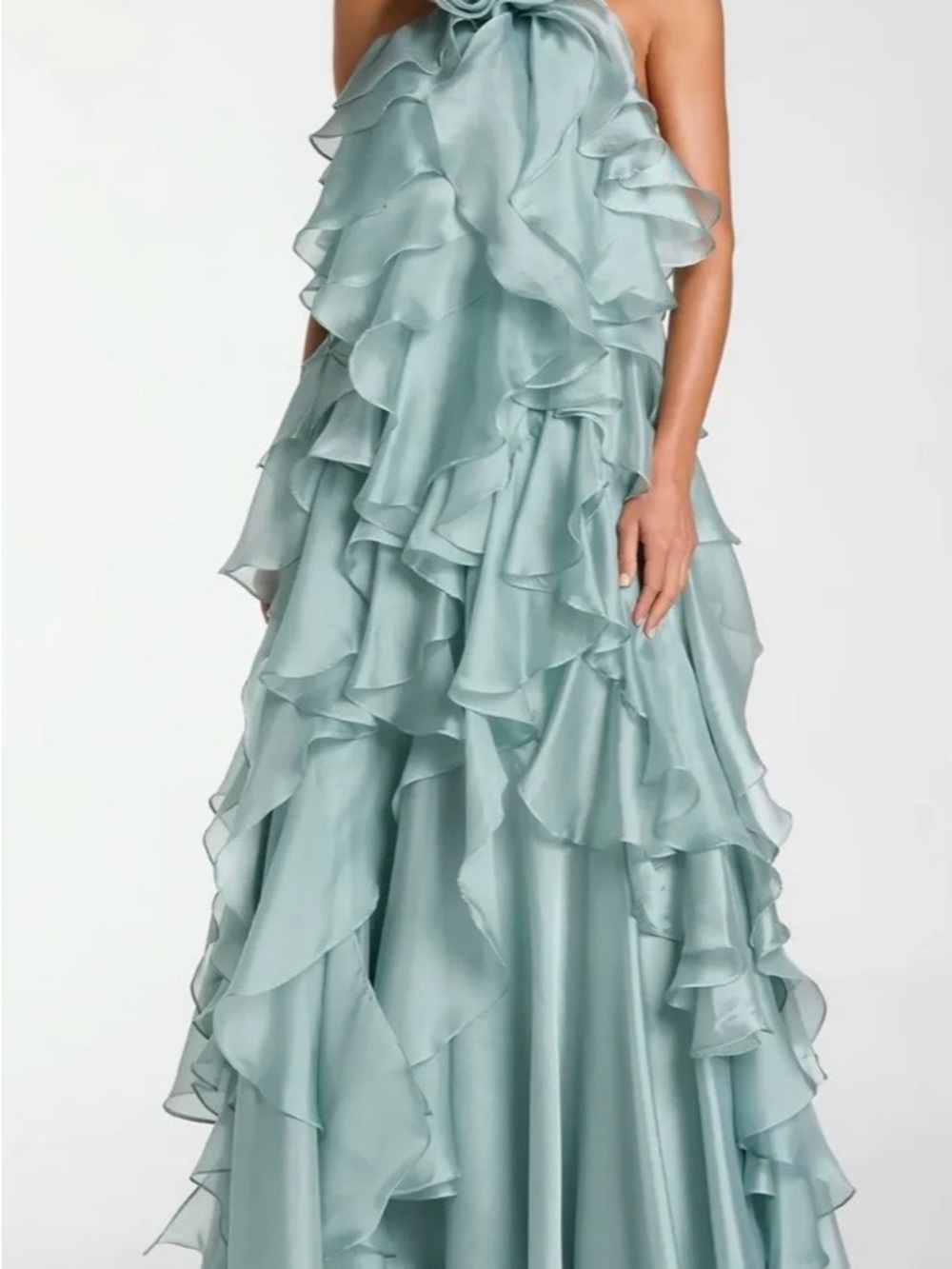Mac Duggal Pale Aqua Ruffled Halter Prom Gown